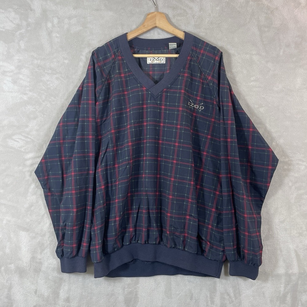 Vtg 80s Izod Windbreaker Pullover V-Neck Mens Large Plaid Preppy Grandpa‎ Logo